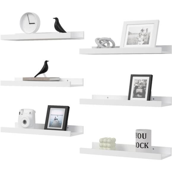 Floating Shelves Set of 6, White Wall Shelves with Lip, Display Shelves - Picture 1 of 7